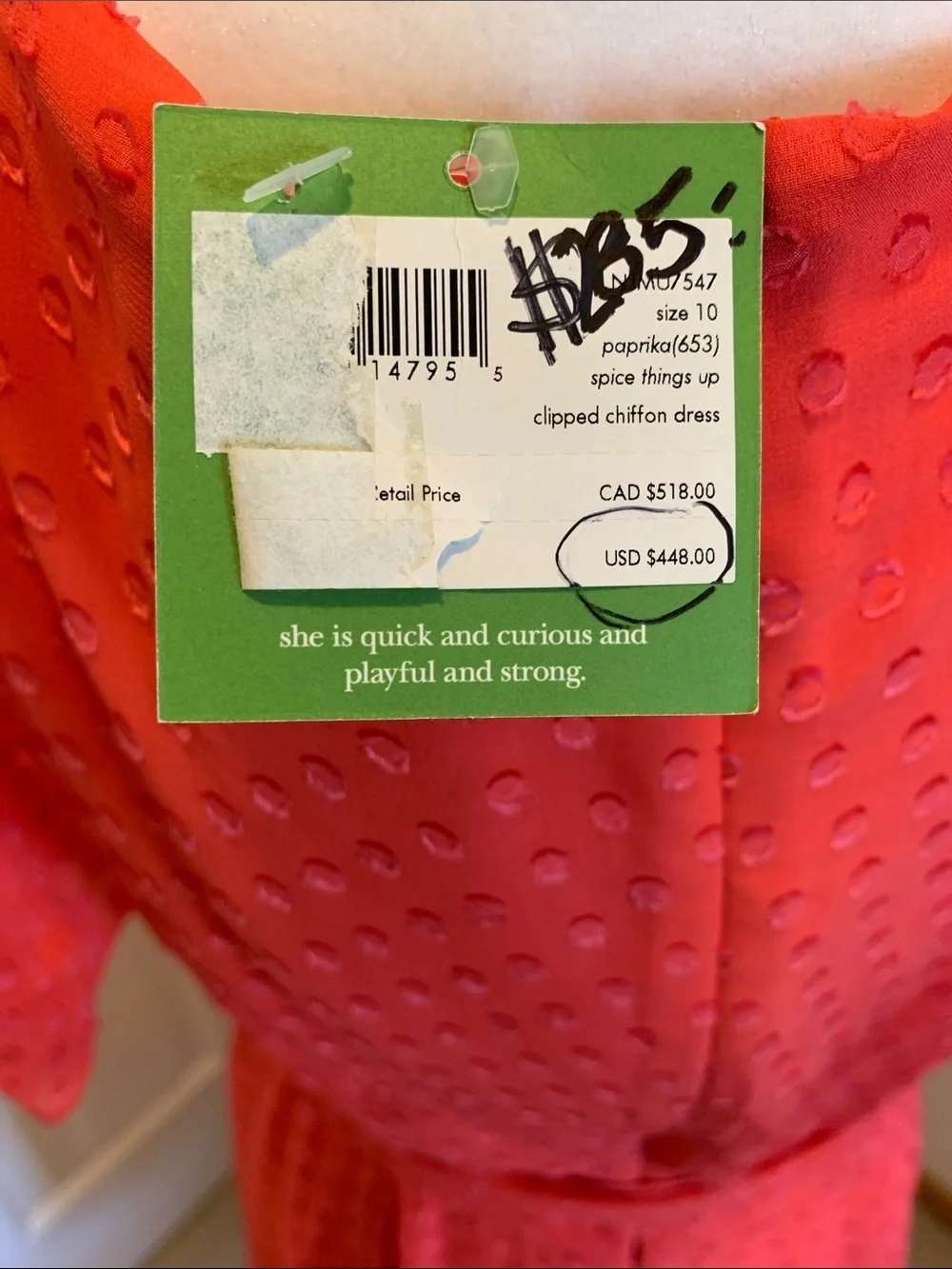 NWT Kate Spade Clipped Chiffon Dress in Paprika(653). Midi Dress with Tie Waist.